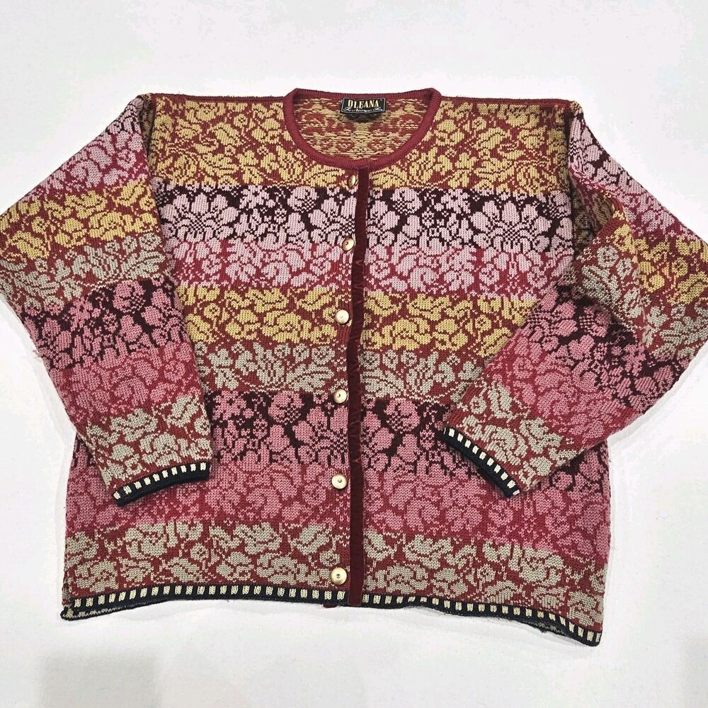 OLEANA Multicolor Floral 100% Pure New Wool Long Sleeve Cardigan Sweater Size L
